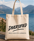 DIVERSIFIED tote bag with Broke in multiple currencies text