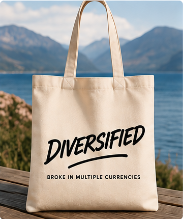 DIVERSIFIED tote bag with Broke in multiple currencies text